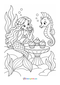 Mermaid and seahorse finding cupcakes coloring page