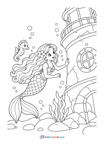 Mermaid exploring sunken lighthouse coloring page
