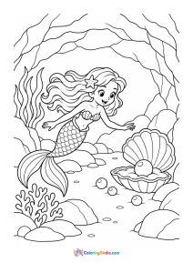 Mermaid exploring underwater cave coloring page