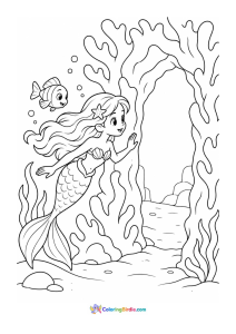 Mermaid finding a hidden coral doorway coloring page