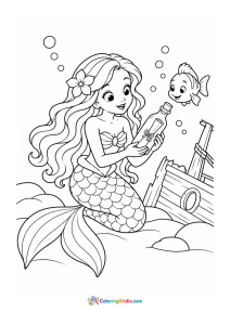 Mermaid finding a message in a bottle coloring page