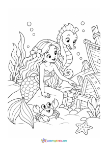 Mermaid seahorse and crab near shipwreck coloring page