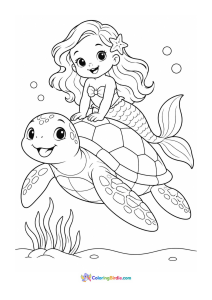 Baby mermaid riding a sea turtle coloring page