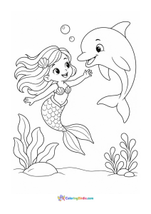 Cute little mermaid playing with a dolphin coloring page