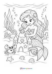 Mermaid building a sand castle underwater coloring page