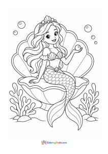 Mermaid princess sitting on a seashell throne coloring page