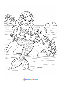 Mermaid reading book on a rock coloring page
