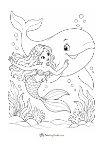 Mermaid swimming with a friendly whale coloring page
