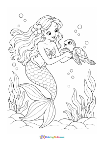 Mermaid taking care of baby turtle coloring page