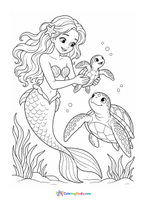 Mermaid with sea turtle family coloring page