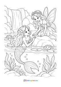 Mermaid and fairy princess meeting at a magical lagoon coloring page