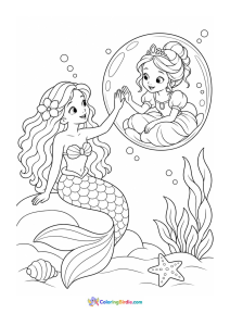 Mermaid and human princess meeting underwater coloring page