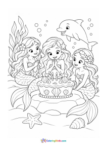 Mermaid birthday celebration under the sea coloring page
