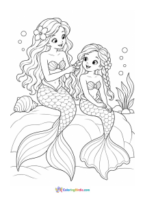 Mermaid braiding her younger sisters hair coloring page