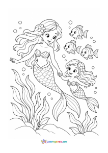 Mother and baby mermaid swimming together coloring page