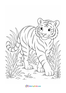Tiger walking through grass animal coloring page