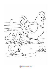 Chicks following mother hen coloring page