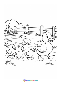 Duck with ducklings in a farm coloring page