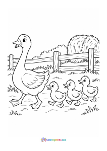 Goose with goslings in farmyard coloring page