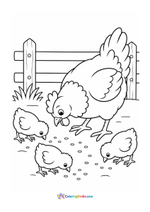 Hen pecking with her chicks coloring page