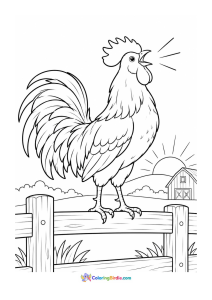 Rooster calling at sunrise coloring page
