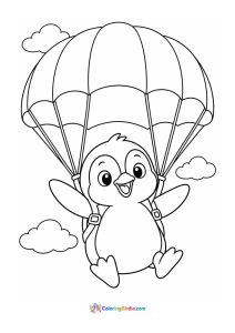 Penguin flying using parachute coloring page