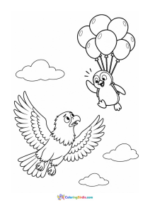 Penguin flying with balloons and surprised eagle coloring page