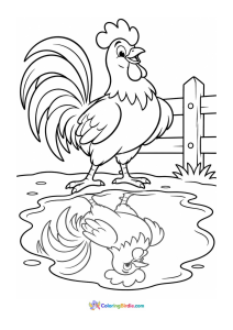 Rooster looking at its reflection coloring page