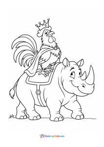Royal rooster riding a rhino coloring page