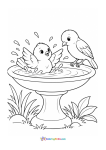 Birds splashing in a birdbath coloring page