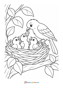 Mother bird feeding chicks in a nest coloring page