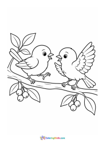 Two birds playing on a garden branch coloring page
