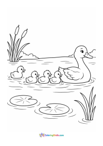 Duck family crossing a pond coloring page
