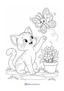 Butterfly and the curious kitten coloring page