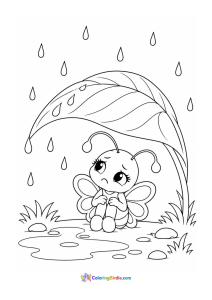 Baby butterfly shivering under a big leaf coloring page