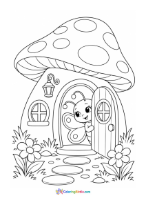 Butterfly in a tiny mushroom house coloring page