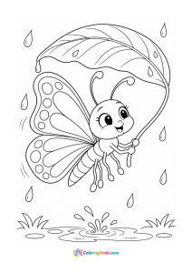 Butterfly under a big leaf umbrella coloring page