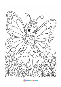 Cute butterfly princess in a meadow coloring page