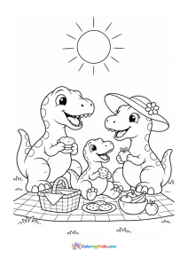 Cute dinosaur family on picnic coloring page