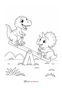 Baby T-Rex and Triceratops on a seesaw dinosaur coloring page