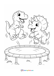 Cute dinosaurs jumping on trampoline coloring page