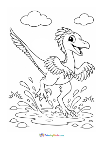 Velociraptor jumping in a puddle dinosaur coloring page