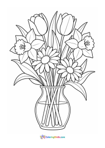 Mixed spring flowers in a vase coloring page