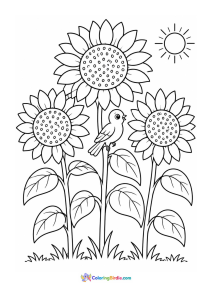 Sunflowers with a small bird coloring page