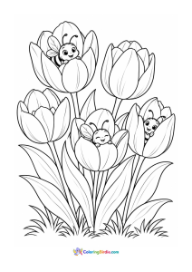 Bees hiding in tulips coloring page