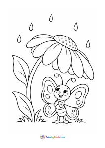 Butterfly using a flower as an umbrella coloring page