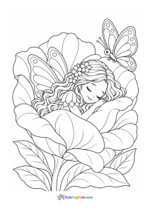Fairy sleeping inside a flower coloring page