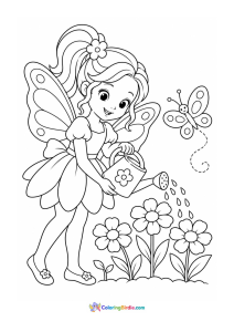 Garden fairy watering flowers coloring page