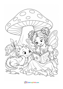 Fairy reading to a friendly dragon coloring page