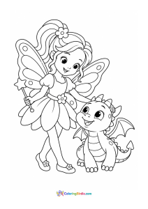 Fairy with her friendly dragon coloring page